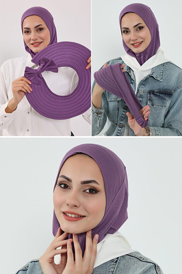 3-Piece Set of Hijab, Visor and Hat, Hijab, St-1P, Purple 2