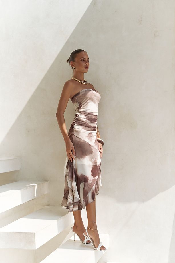 Stracnaha Drape Detaylı Kahve Straplez Elbise - 4