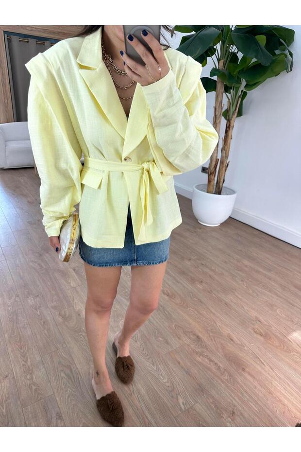 سترة بليزر كتان كبيرة الحجم - أصفر - 5