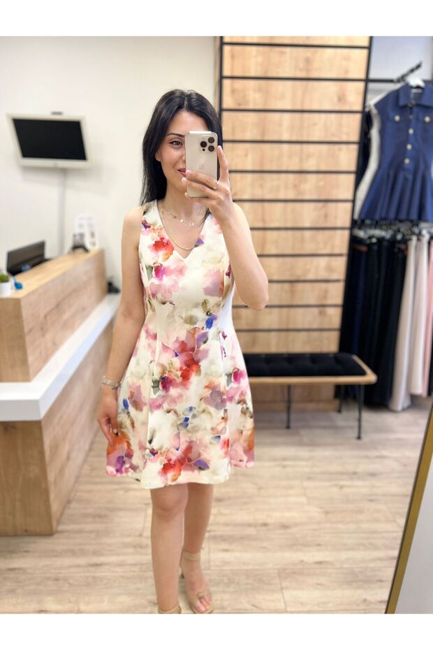 Ekru Çiçekli Elbise - 2