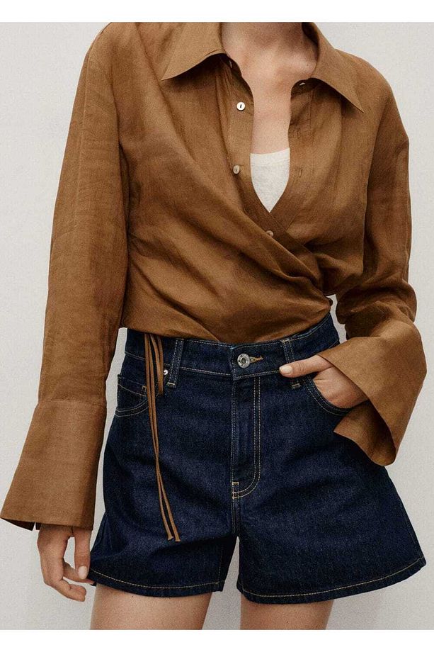 Yüksek bel düz kesim denim şort - 7