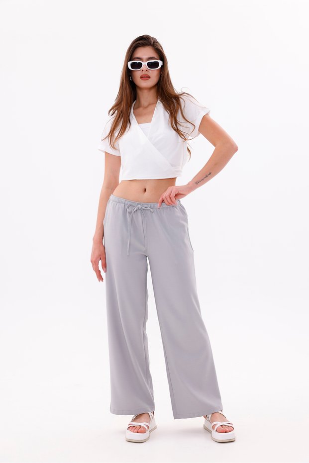 Women's Trousers Wide Leg Cotton Viscose Pocket Trousers Elastic Waist Wide Space-Pants