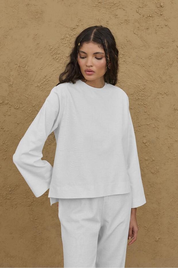 Uzun Kollu Basic Keten Üst Ekru - 4