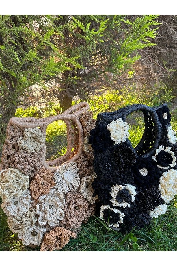 ÇİFT KAT KAĞIT İP PİNTEREST TOTE KADIN HASIR EL ÇANTASI,ÇİÇEK DETAYLI,GÜNLÜK GECE ,SHOPPER ,BOHEM - 4