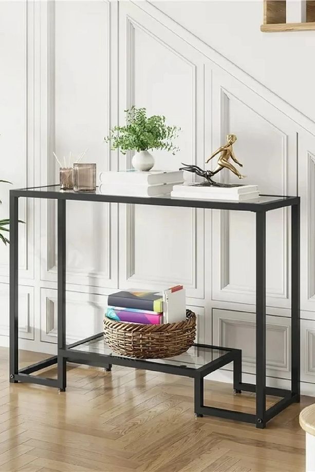 Çok Amaçlı Cam Konsol Modern Siyah Renk Metal İskeletli Temper Camlı Raflı Dresuar Konsol - 2
