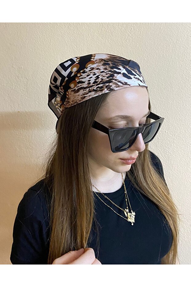 Women's Leopard and Geometric Patterned Brown Black Color Bandana - Scarf - Gift