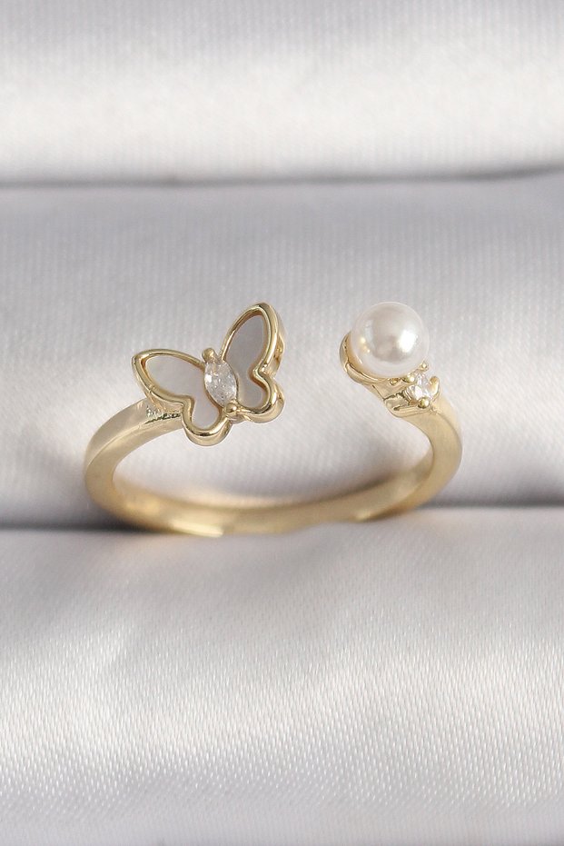 Brass Gold Color Zircon Stone Detailed White Enamel Model Pearl Detail Adjustable Ring Tj-Byk3523