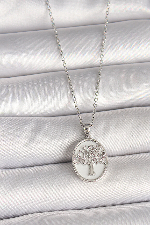 Ramia-Premium | 316L Steel Silver Color Chain Zircon Stone Embellished White Enamel Tree Embellished Portrait m
