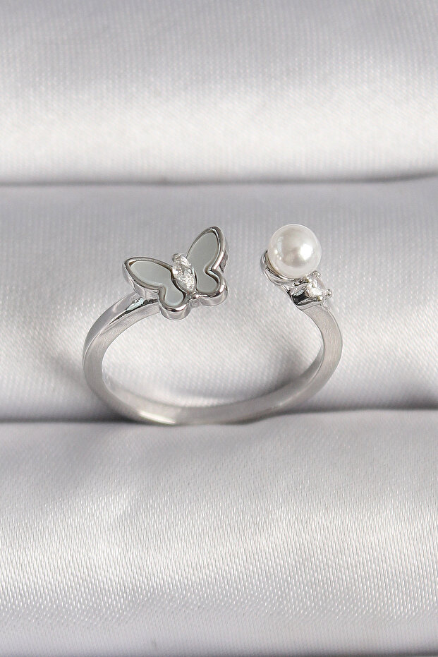Brass Silver Color Zircon Stone Detailed White Enamel Figure Pearl Detail Adjustable Ring Tj-Byk3524