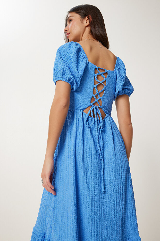 Heart Collar Textured Summer Knitted Dress Blue Lub0010