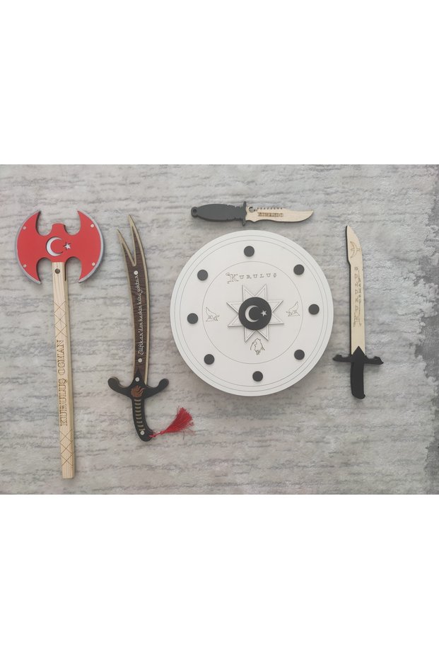 Set of 5 Wooden Children's Toy Sword and Shield White Color