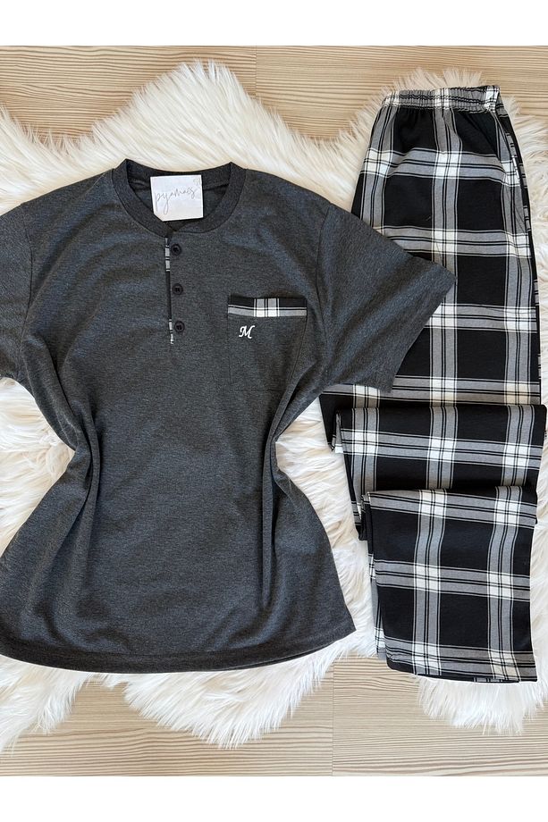 Antrasit Ekose Desenli Cep Detaylı Pamuklu Kısa Kollu Erkek Pijama Takımı - 8