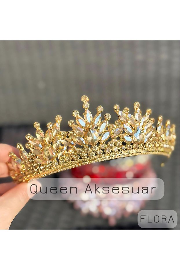 Flora Aurelia Gold Crystal Stone Luxury Design Engagement Bridal Tiara Metal Crown with Peaked Authentic Motif