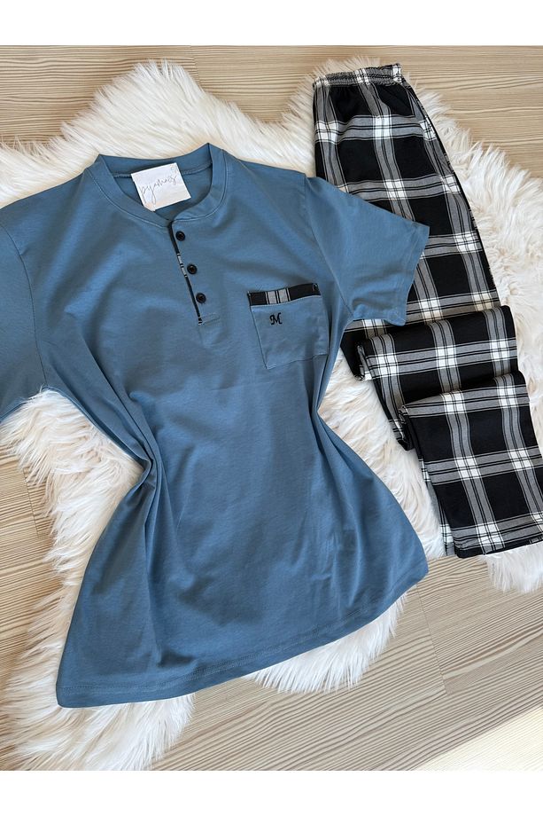 Mavi Ekose Desenli Cep Detaylı Pamuklu Kısa Kollu Erkek Pijama Takımı - 6