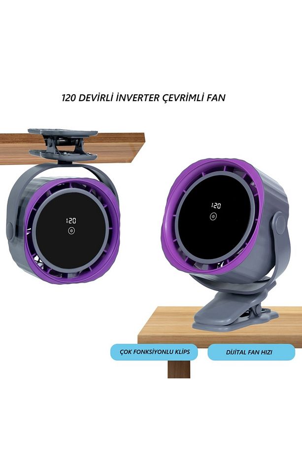 Masa Üstü,Araba,Ofis Klipsli Fan Vantilatör Şarj Edilebilir Dijital Hız ve Şarj Göstergeli 3600Mah - 5