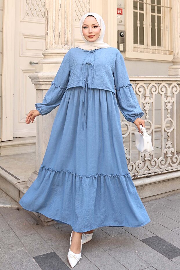 Bow Detailed Dress Set Blue 2271