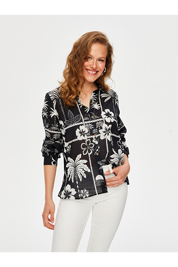 Kadın Monochrome Çiçek Desen Pamuk Vual 25YUS25GML054 - 1