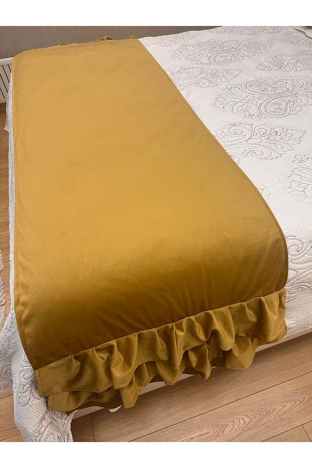 Yatak Runner Set Çift Kişilik Fırfırlı Hardal Sarı Ev Ve Oteller Için 1 Ad. Runner 2 Ad. Kırlent - 3