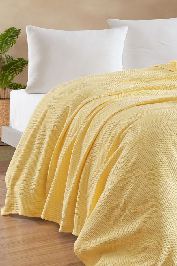 Tek Kişilik %100 Pamuk Pike Örtü 160x230 cm – Karo Desenli Sarı – Weave Serisi - 1