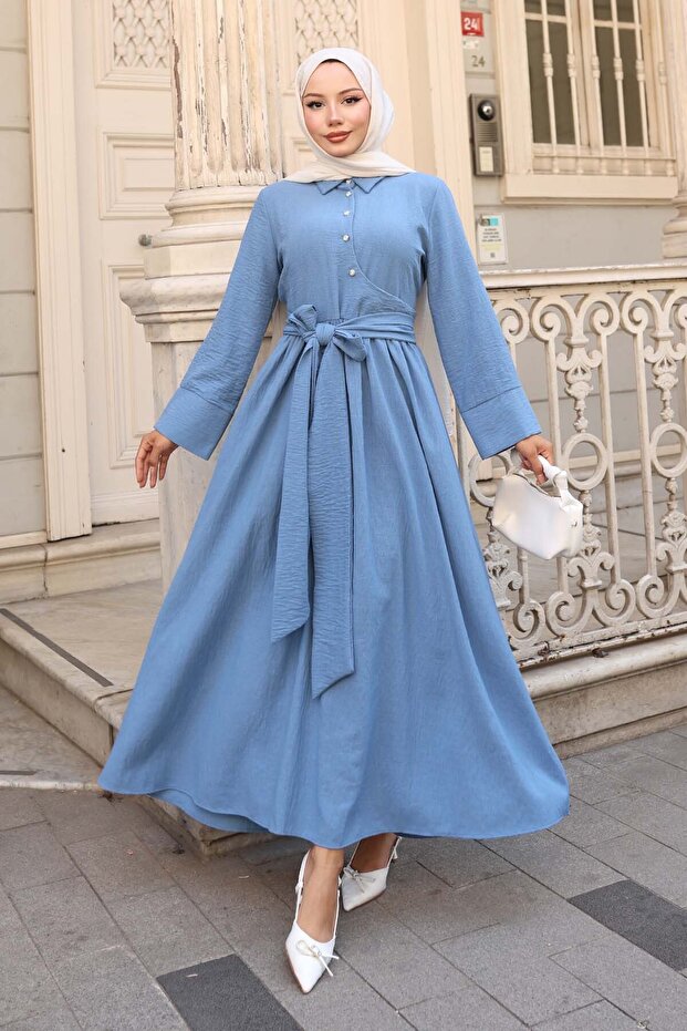 Tie Waist Hijab Dress Blue 2304