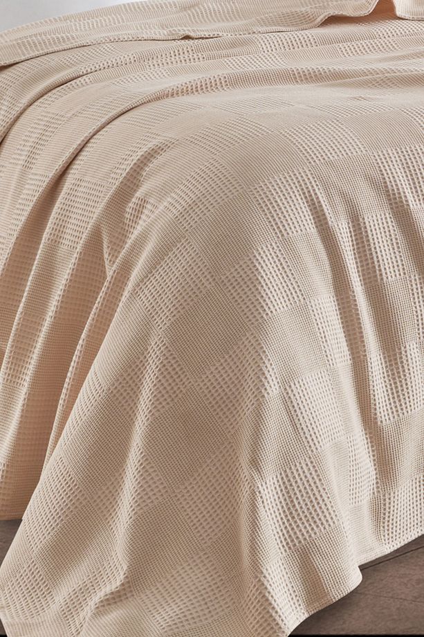 Tek Kişilik %100 Pamuk Pike Örtü 160x230 cm – Karo Desenli Bej – Weave Serisi - 2