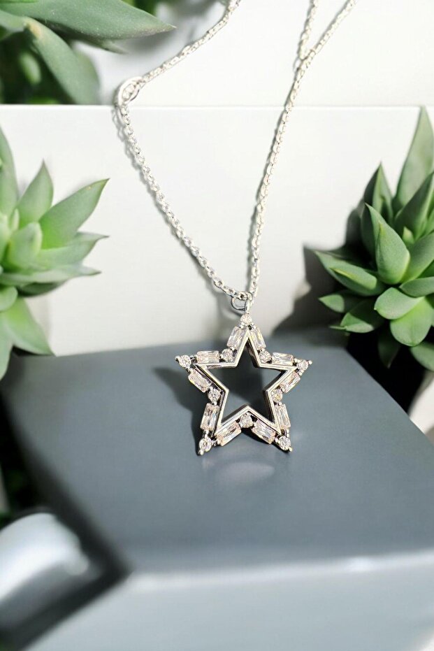 Silver Star Stone Chain Necklace Gold