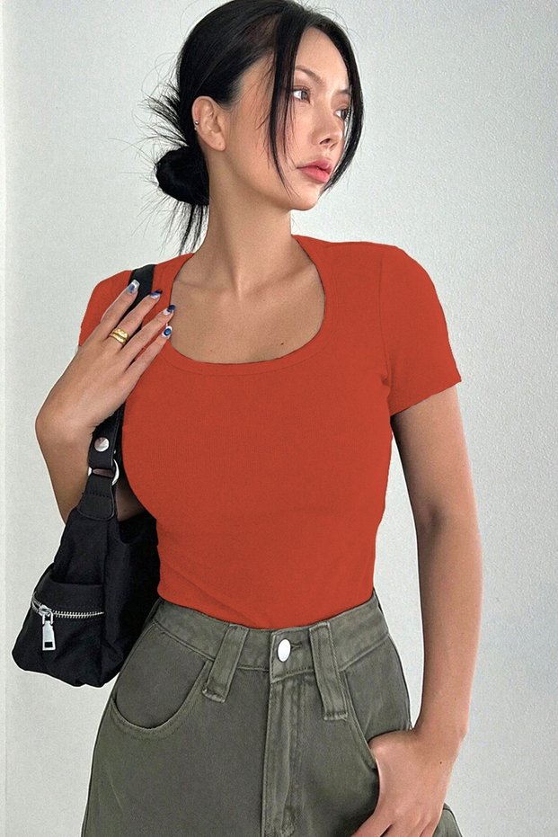 Women's Pomegranate Flower, Square Neck T-Shirt & Blouse, Lycra Ribbed Camisole Fabric