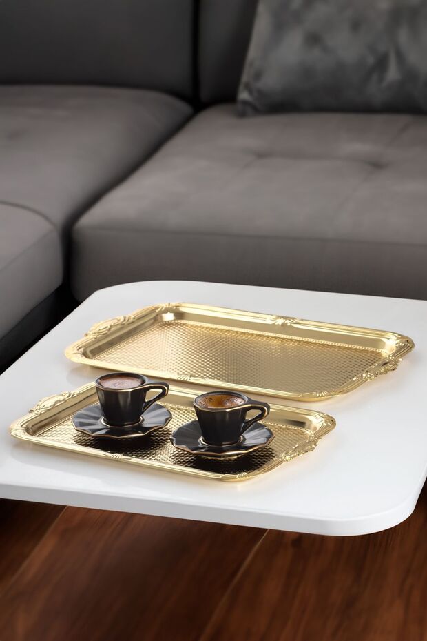 3332 Stainless 2-Piece Rectangular Steel Tray Gold - Tea Coffee Food Presentation Serving Tray Set