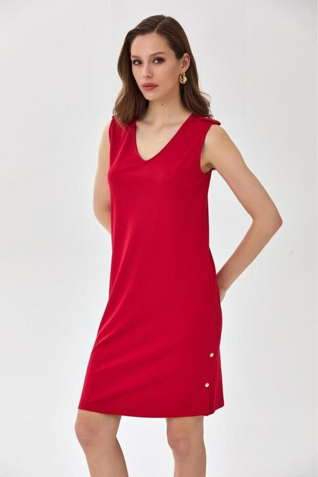 V Yaka Eteği Çıtçıt Detaylı Elbise 025-2519 - 3