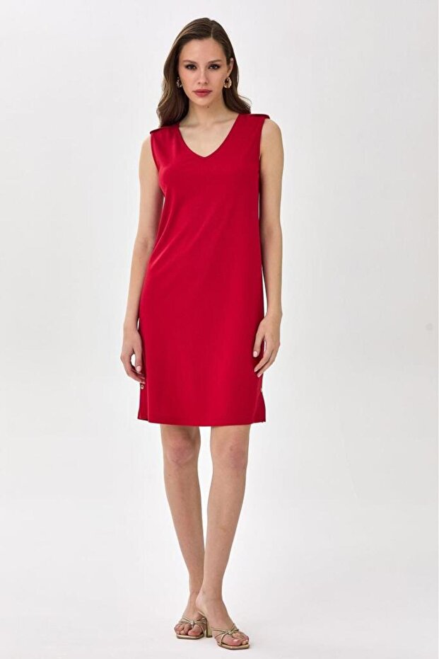 V Yaka Eteği Çıtçıt Detaylı Elbise 025-2519 - 4