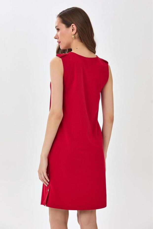 V Yaka Eteği Çıtçıt Detaylı Elbise 025-2519 - 6