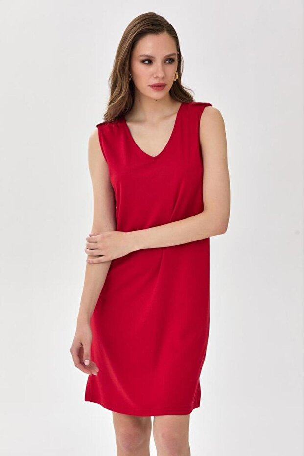 V Yaka Eteği Çıtçıt Detaylı Elbise 025-2519 - 5