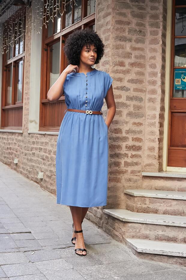 Women's Soft Textured Silky Modal Fabric Domineering Collar Elastic Waist Button Front Above Knee Dress-Indigo