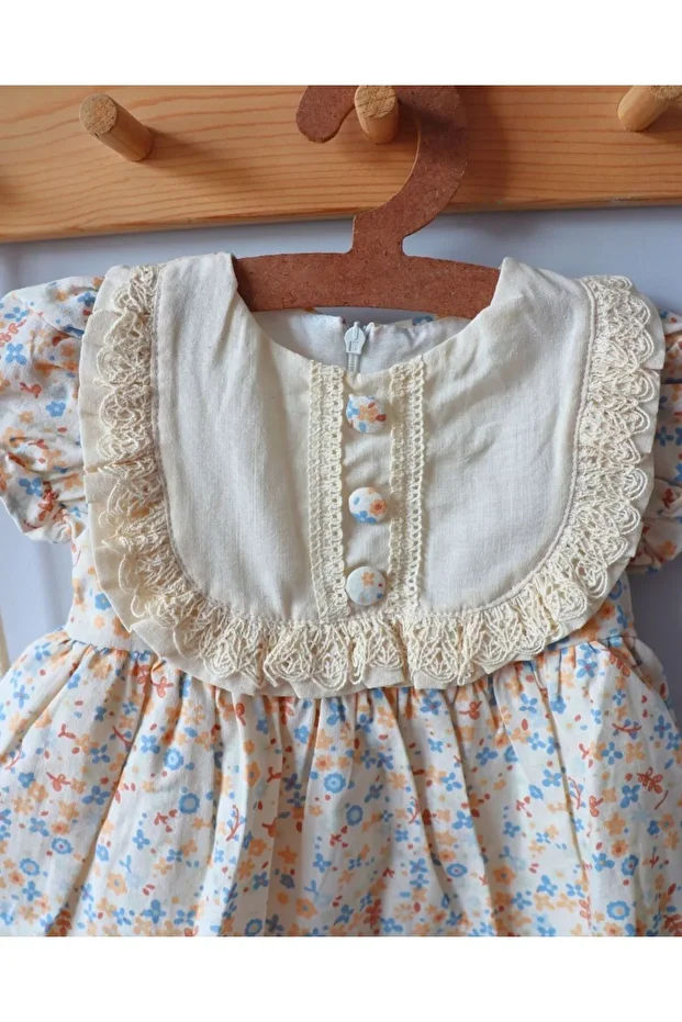 Çıtır Çiçek Desenli Vintage Astarlı ve Tütülü Kız Bebek Elbisesi - 5