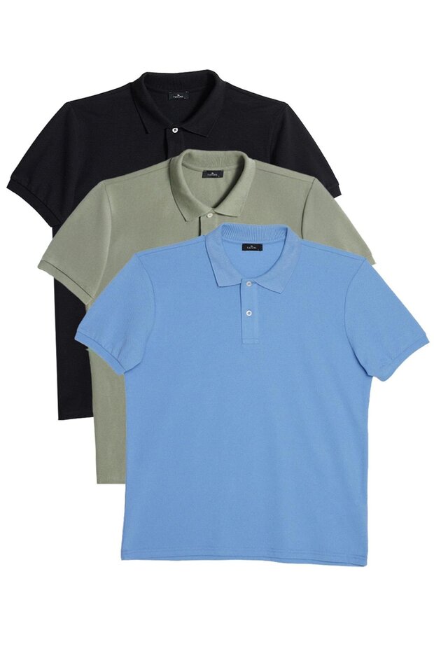 Men's 3 Pack Black-Khaki-Light Blue Slim Fit Tight-Fitting Cotton Solid Pique Polo Neck T-Shirt