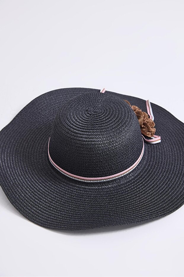 Straw Women's Beach Pool Garden Hat with Accessories Black