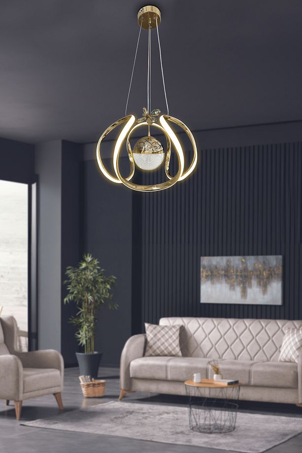 Arya Tek Toplu Led Avize 2 mt - Salon & Oturma Odası Avizesi Kumandalı Gold - 3