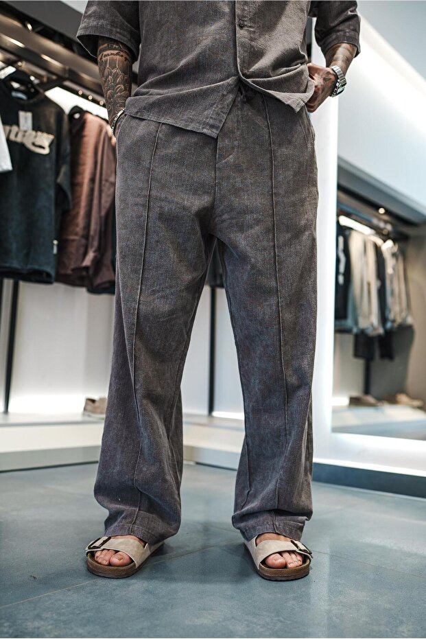 Men's Baggy Fit Washed Elastic Waist Trousers Brown