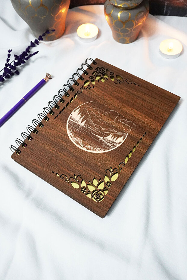 Landscape Wooden Cover Spiral School Notebook - Unlined Notebook - 60 Sheets (120 Pages) - A5 15X21 cm