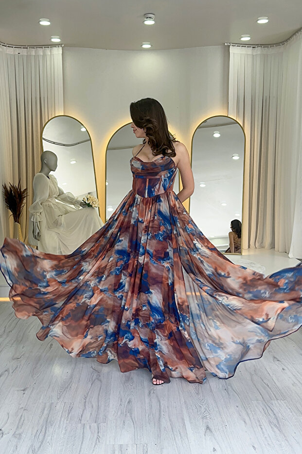 Women's Tie-Dye Patterned Strapless Strap Back Low-Cut Slit Evening Dress