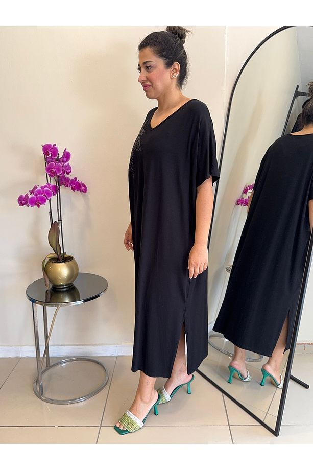 Yazlık Payetli Yazlık Siyah Oversize Yırtmaçlı Penye Viskon Elbise - 4