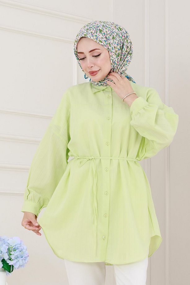 Önü Ekli Bol Kalıp Tunik-Sarı - 4