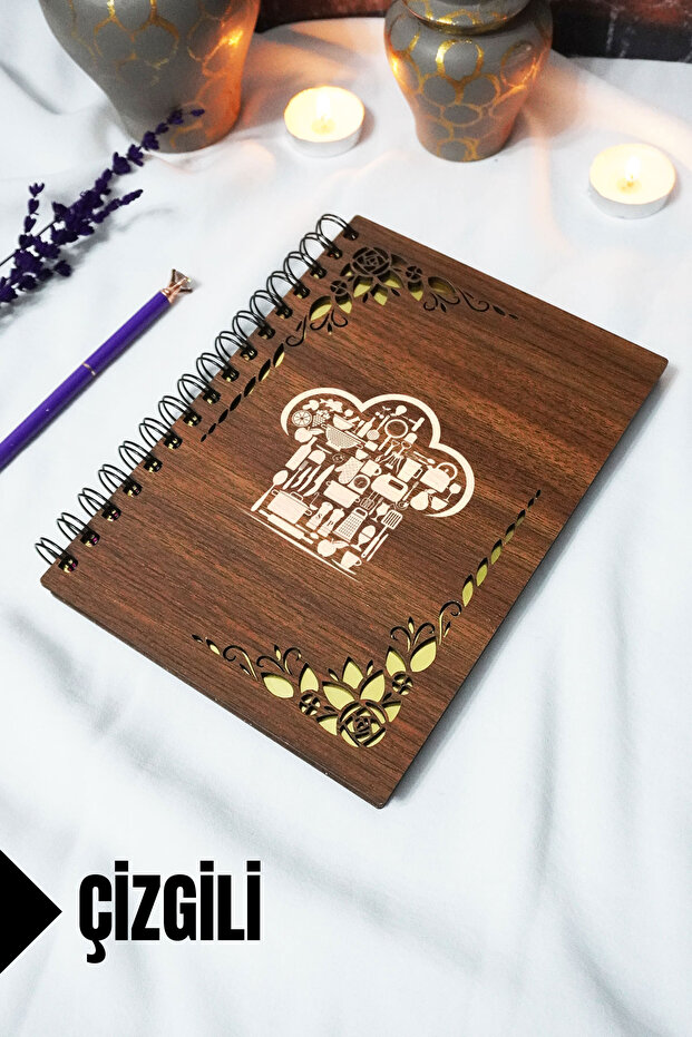 Spiral Recipe Book with Wooden Cover - Lined Notebook - 60 Sheets (120 Pages) - A5 15X21 cm