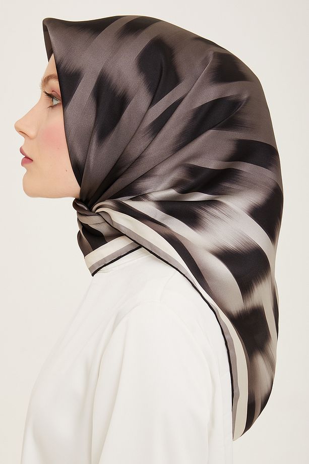 Nostalji Serisi Twill İpek Eşarp 9155D-02 Leopar Desen SİYAH-ANTRASİT - 3