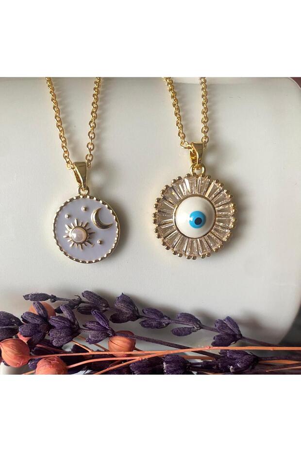 2 Pieces Moon and Sun and Zircon Stone Evil Eye Beaded Round Baguette Necklace