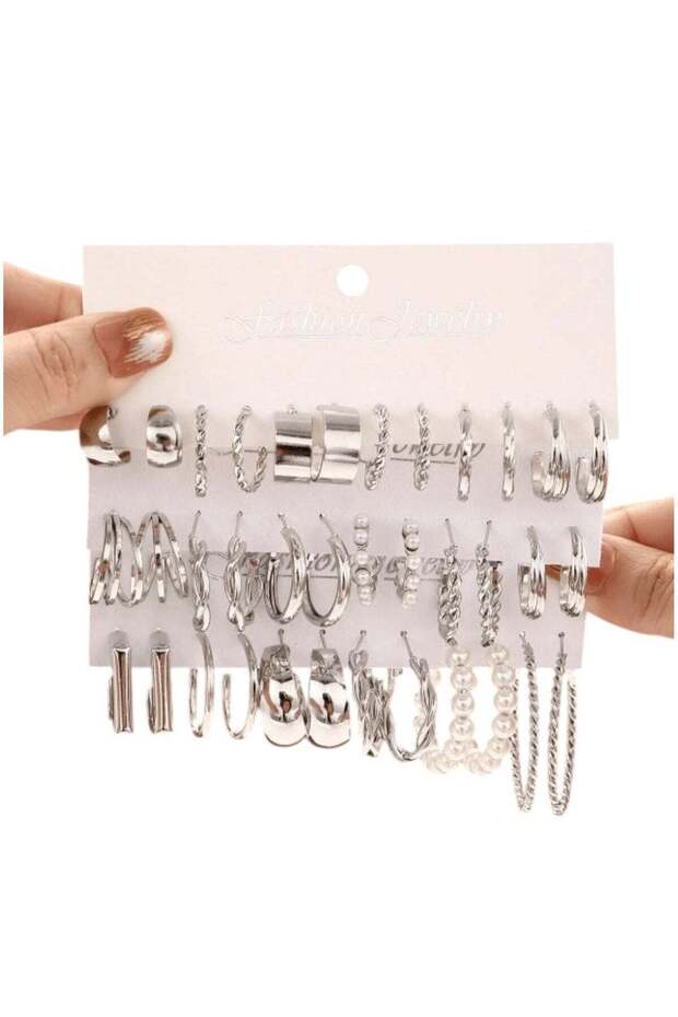 Trendy Silver-Tone Hoop & Pearl Earrings 18-Piece Fashion Set