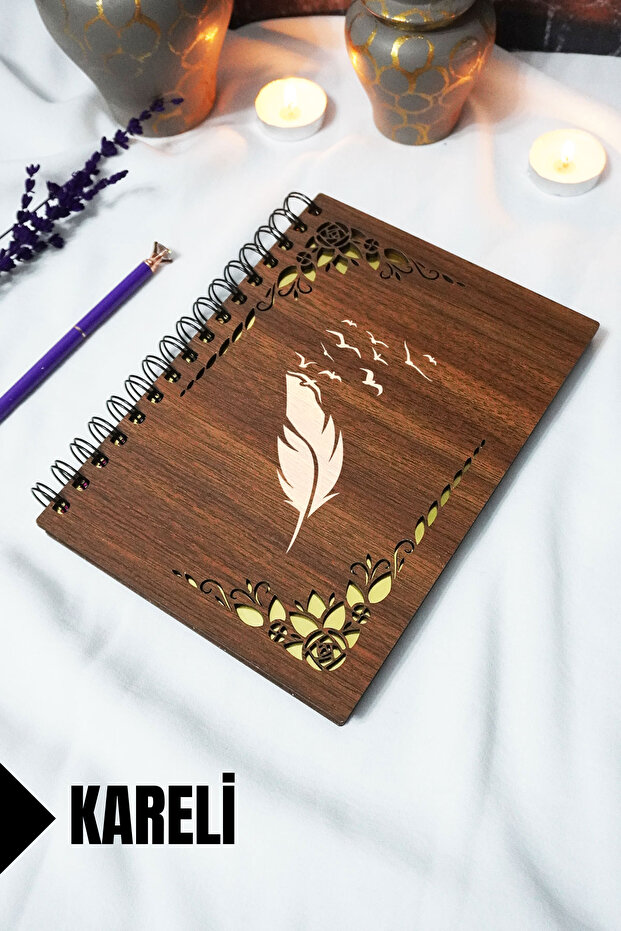 School Notebook with Bird Feather Wooden Cover Spiral - Lined Notebook - 60 Sheets (120 Pages) - A5 15X21 cm