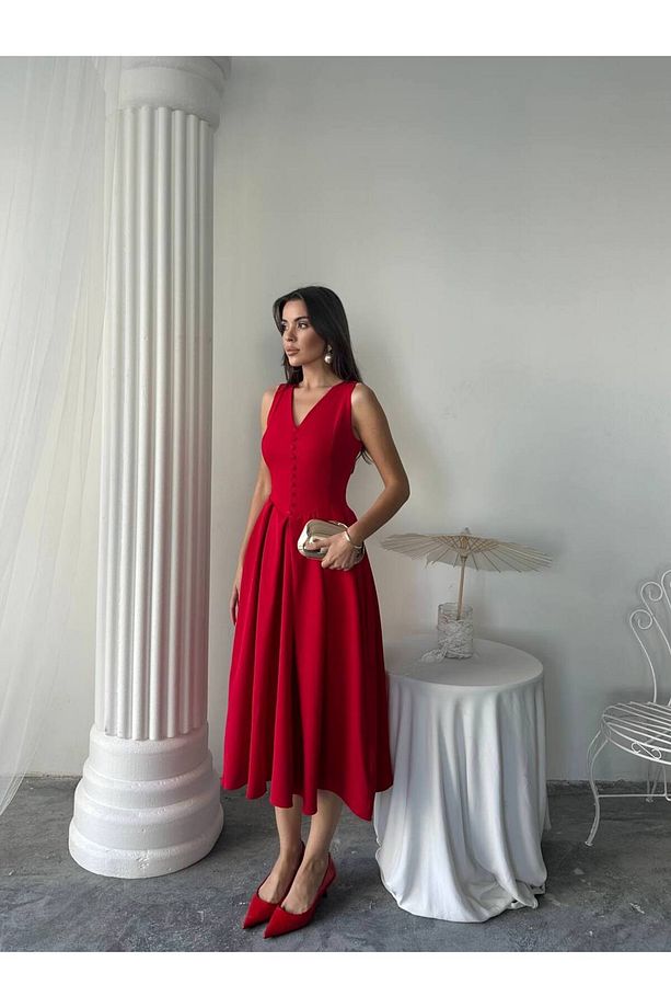 Dore Piliseli Düğmeli Midi Elbise - 4
