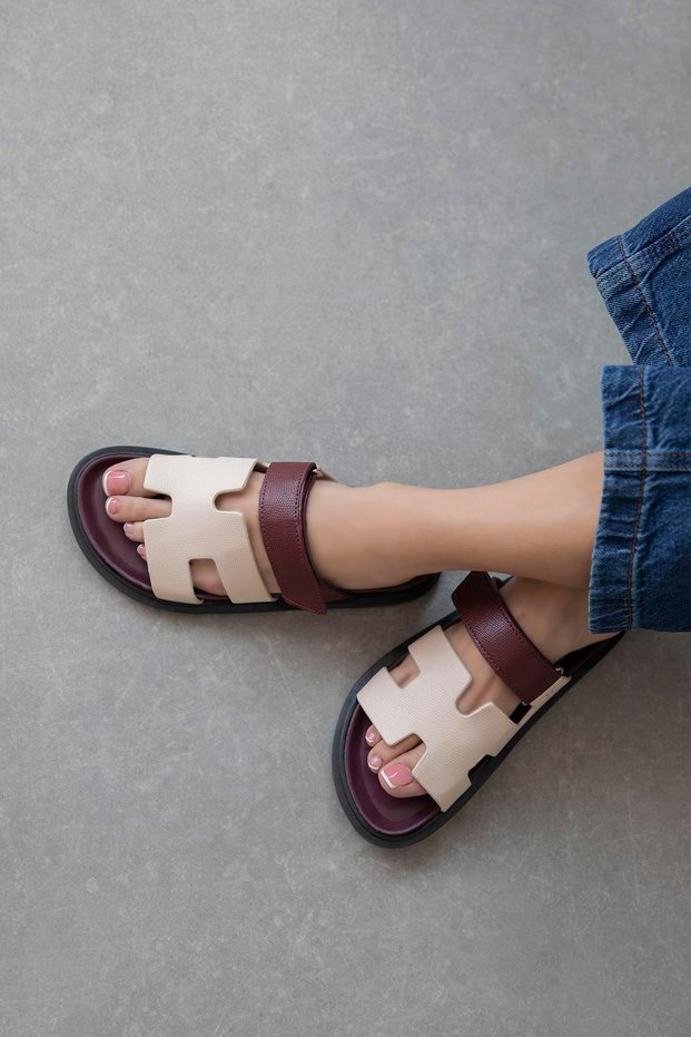 Pina Women's Velcro Strap Print Leather Slippers Burgundy-Beige