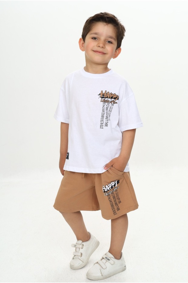 T Oontoy Boy's Happy Text Printed Shorts Suit